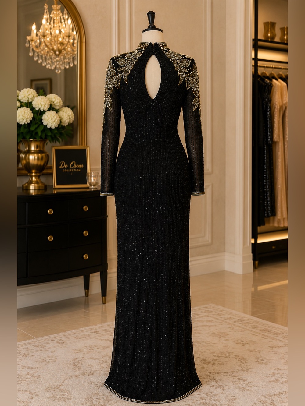 Elegant De Oscar Collection Black Long-Sleeve Evening Gown with Gold Embellishme - Picture 4 of 9